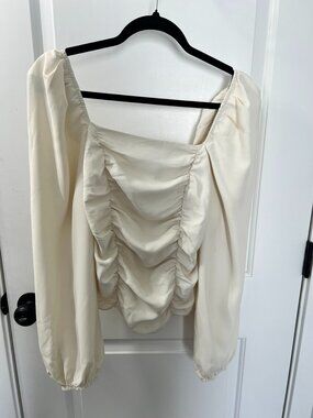 Express Cream Square Neck Ruched‎ Blouse Medium Puff Sleeve